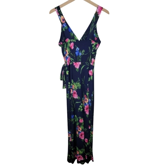 Le Lis | Navy Green Pink Floral Sleeveless Faux Wrap Maxi Dress Size Large - Picture 7 of 7